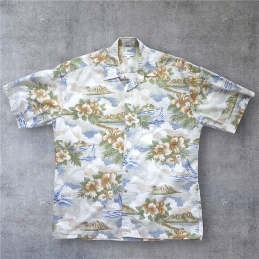 Vintage 80s Pierre Cardin Hawaiian Shirt Large Sailboats Beige Blue 100% Cotton